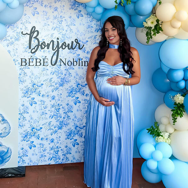 Blue Pleated Wrap Flowy Baby Boy Shower Maternity Maxi Dress