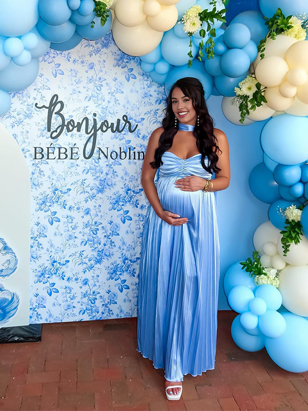 Blue Pleated Wrap Flowy Baby Boy Shower Maternity Maxi Dress