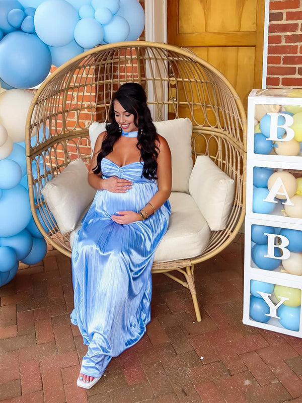 Blue Pleated Wrap Flowy Baby Boy Shower Maternity Maxi Dress