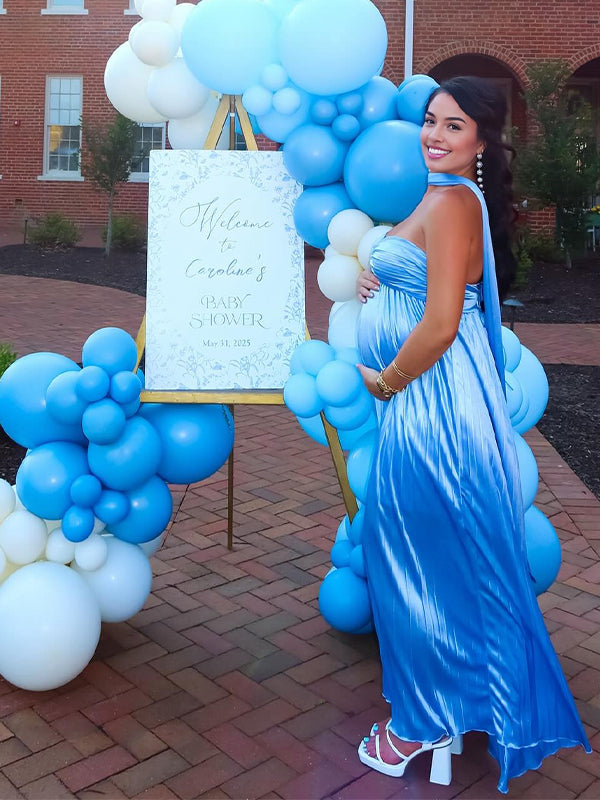 Blue Pleated Wrap Flowy Baby Boy Shower Maternity Maxi Dress