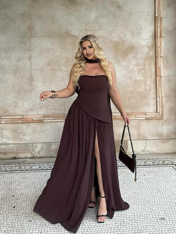 Wrap Side Slit Backless Flowy Vacation Maternity Maxi Dress