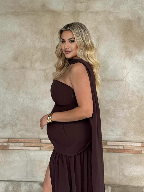 Wrap Side Slit Backless Flowy Vacation Maternity Maxi Dress