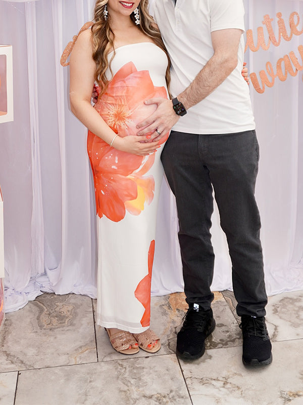 Orange Flowers Tube Backless Baby Shower Maternity Maxi Dress