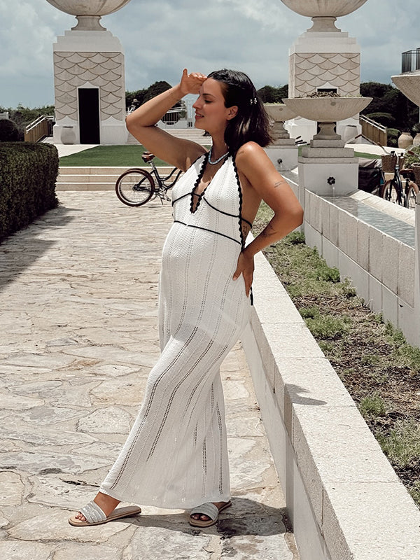 White Knit Cut Out Backless Vacation Maternity Maxi Dress