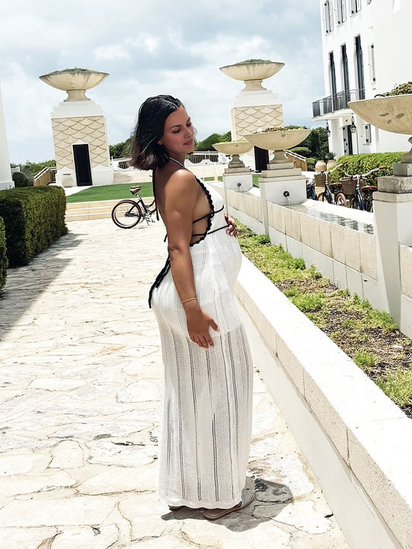 White Knit Cut Out Backless Vacation Maternity Maxi Dress