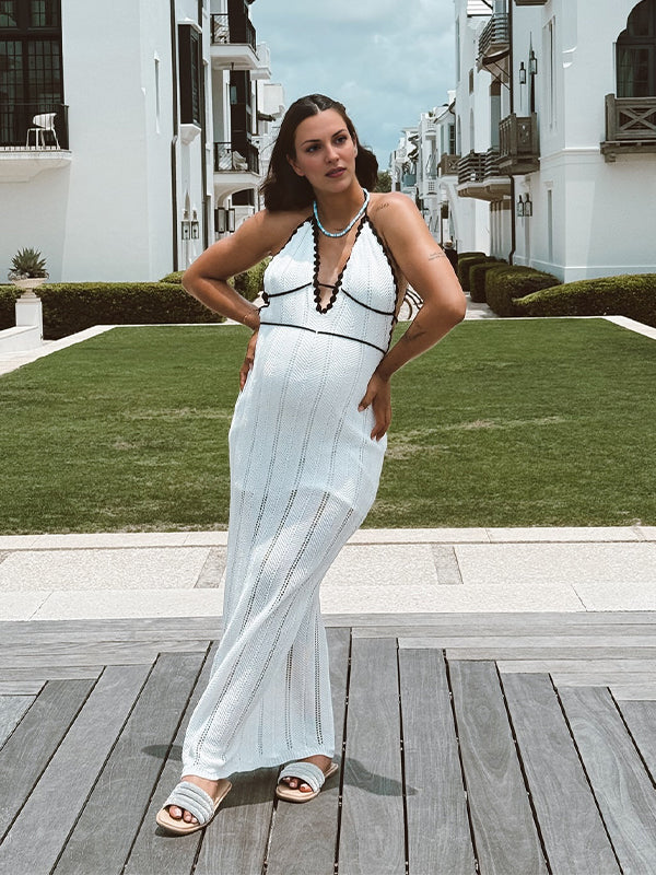 White Knit Cut Out Backless Vacation Maternity Maxi Dress