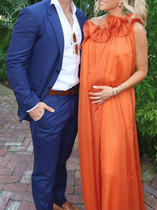 Orange One Shoulder Ruffle Flowy Baby Shower Maternity Maxi Dress