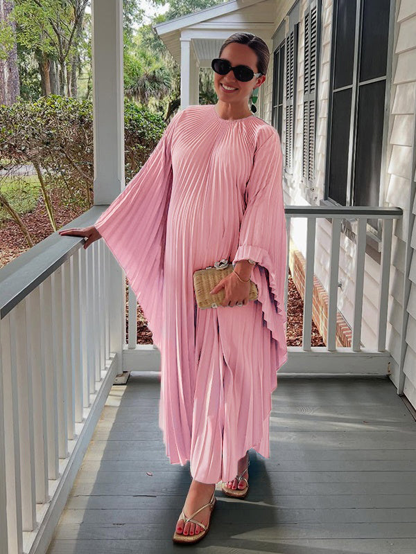 Pink Pleated Flowy Gown Baby Girl Shower Maternity Maxi Dress