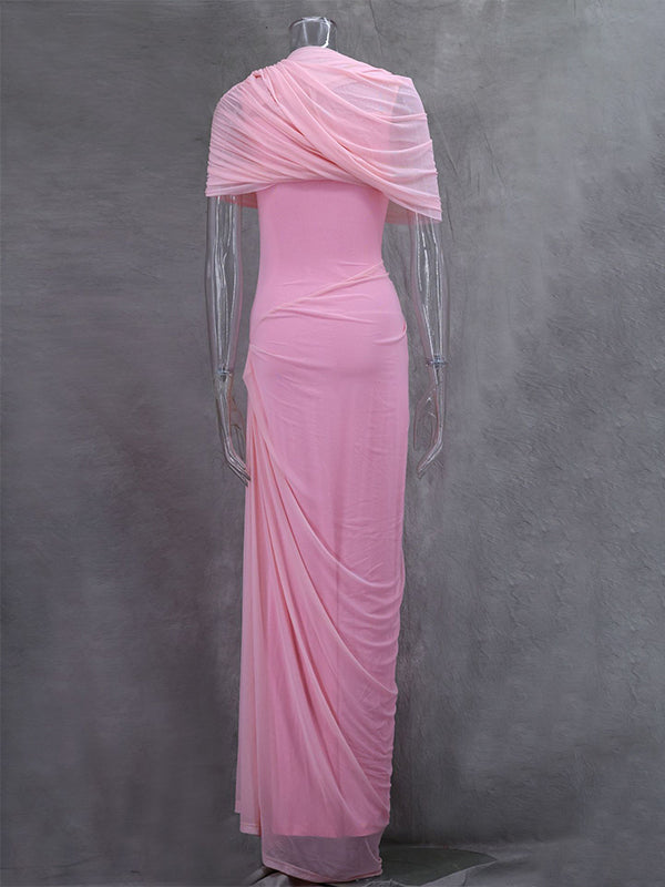 Light Blue Ruched Irregular Neck Baby Shower Maternity Maxi Dress