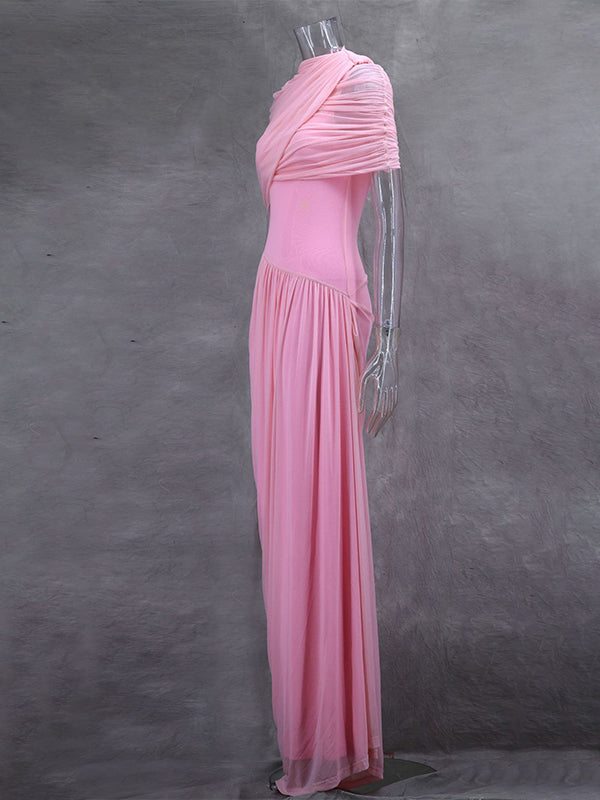Light Blue Ruched Irregular Neck Baby Shower Maternity Maxi Dress