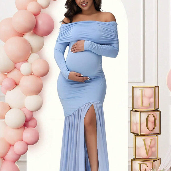 Momsmood Off Shoulder Mesh Ruched Side Slit Maternity Maxi Dress