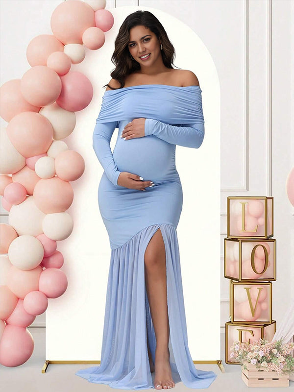Momsmood Off Shoulder Mesh Ruched Side Slit Maternity Maxi Dress