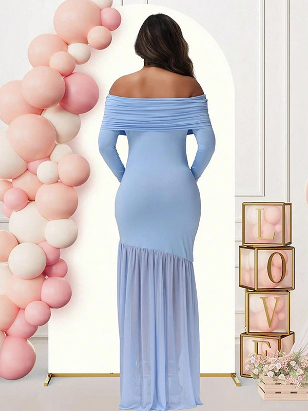 Momsmood Off Shoulder Mesh Ruched Side Slit Maternity Maxi Dress