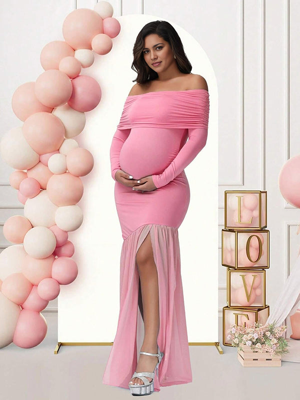 Momsmood Off Shoulder Mesh Ruched Side Slit Maternity Maxi Dress