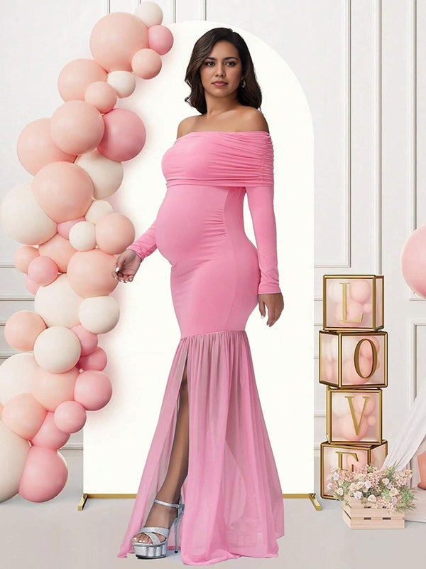 Momsmood Off Shoulder Mesh Ruched Side Slit Maternity Maxi Dress