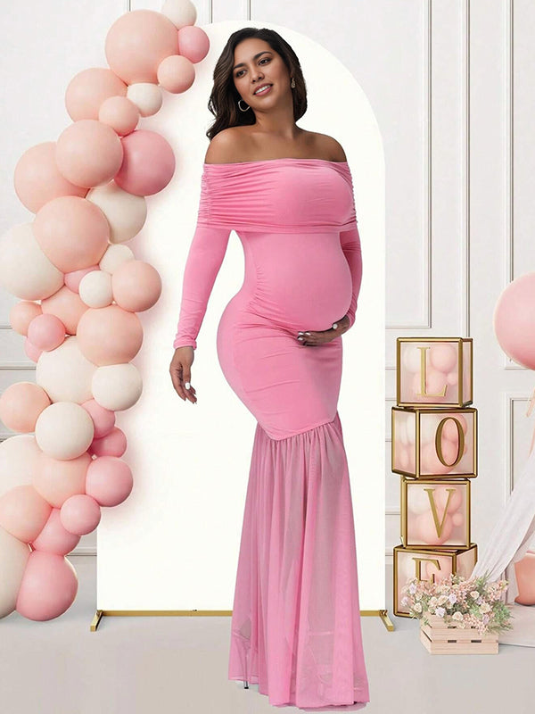 Momsmood Off Shoulder Mesh Ruched Side Slit Maternity Maxi Dress