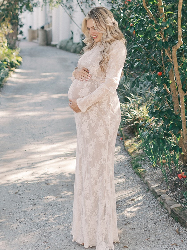 Momsmood White Lace Ruffle Mermaid Elegant Maternity Maxi Dress