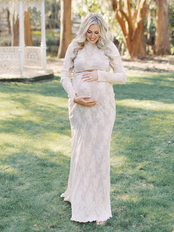 Momsmood White Lace Ruffle Mermaid Elegant Maternity Maxi Dress