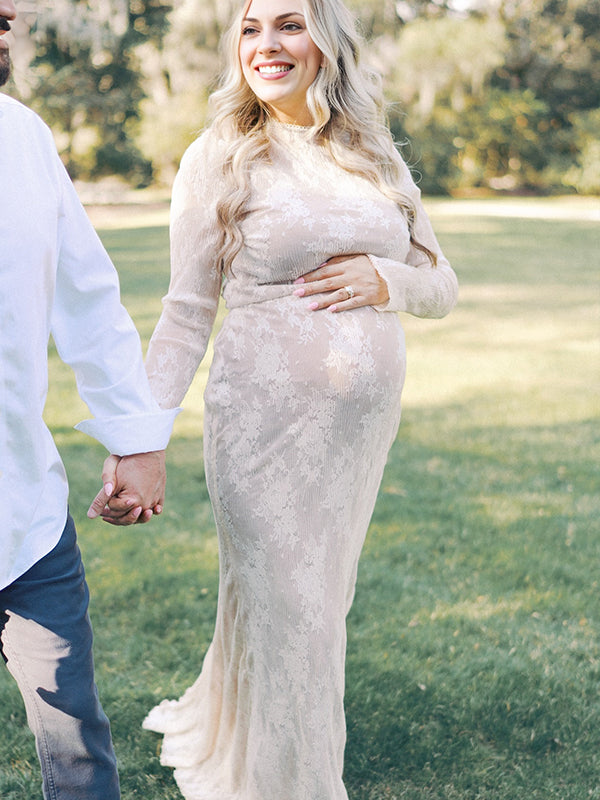 Momsmood White Lace Ruffle Mermaid Elegant Maternity Maxi Dress