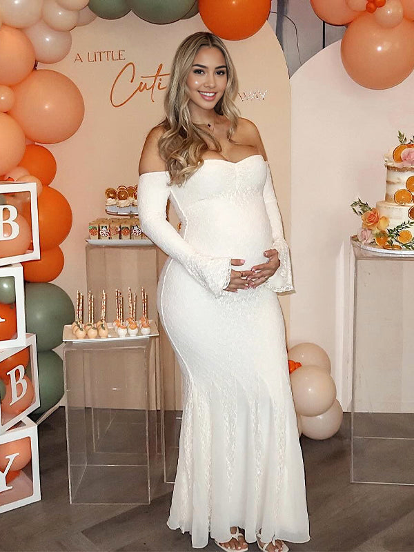 Momsmood Lace Off Shoulder Mermaid Baby Shower Maternity Maxi Dress