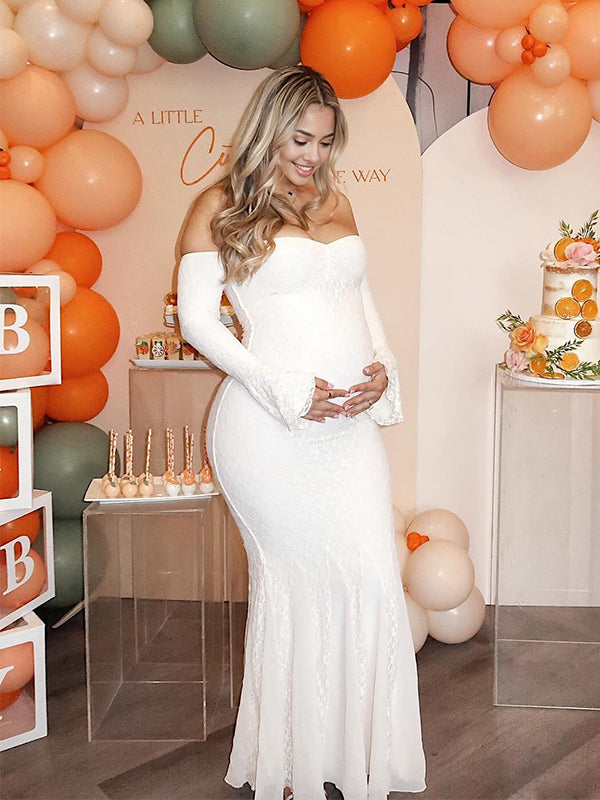 Momsmood Lace Off Shoulder Mermaid Baby Shower Maternity Maxi Dress
