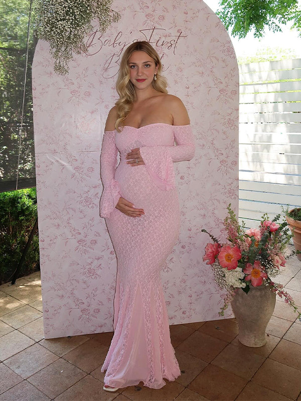 Momsmood Lace Off Shoulder Mermaid Baby Shower Maternity Maxi Dress