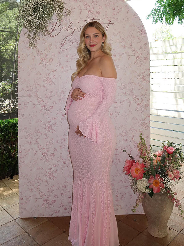 Momsmood Lace Off Shoulder Mermaid Baby Shower Maternity Maxi Dress