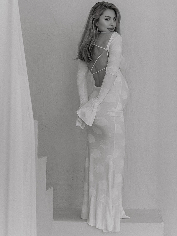 Momsmood White Shell Printed Backless Flare Sleeve Elegant Maternity Maxi Dress