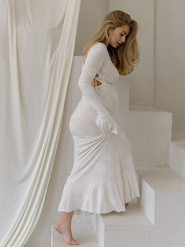 Momsmood White Shell Printed Backless Flare Sleeve Elegant Maternity Maxi Dress