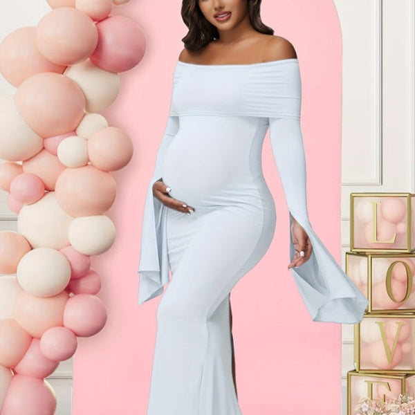 Momsmood Off Shoulder Flutter Sleeve Maternity Baby Shower Maxi Dress