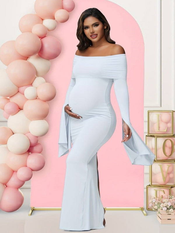 Momsmood Off Shoulder Flutter Sleeve Maternity Baby Shower Maxi Dress