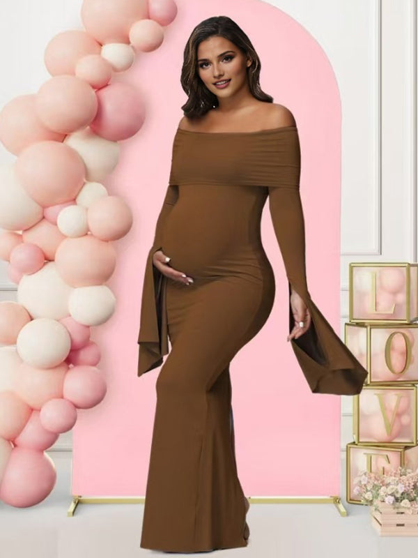 Momsmood Off Shoulder Flutter Sleeve Maternity Baby Shower Maxi Dress