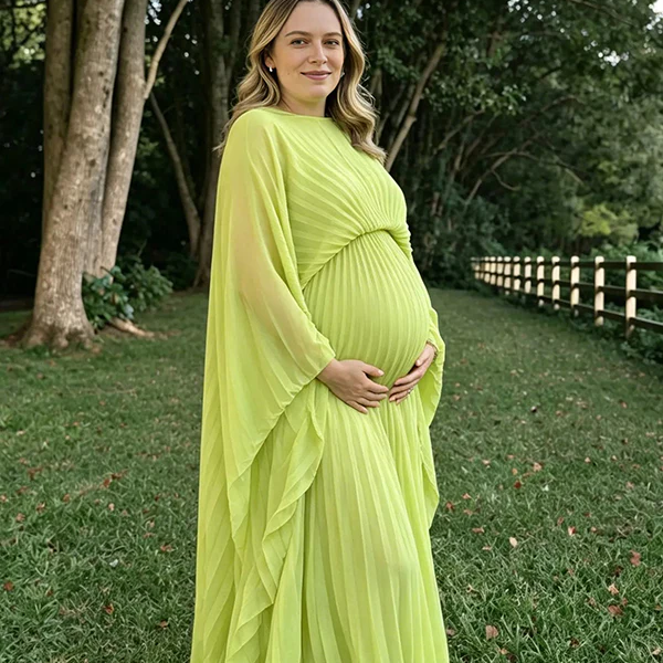 Light Green Pleated Batwing Sleeve Backless Lace Up Maternity Maxi Dress