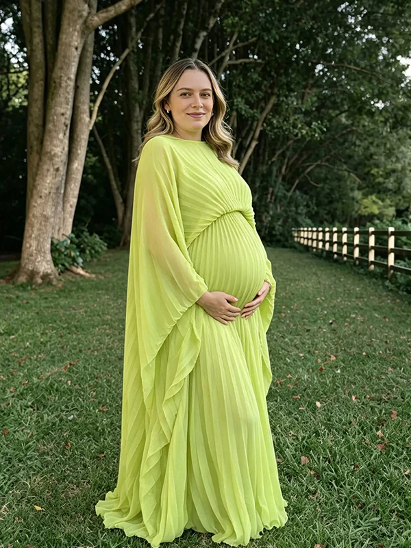 Light Green Pleated Batwing Sleeve Backless Lace Up Maternity Maxi Dress