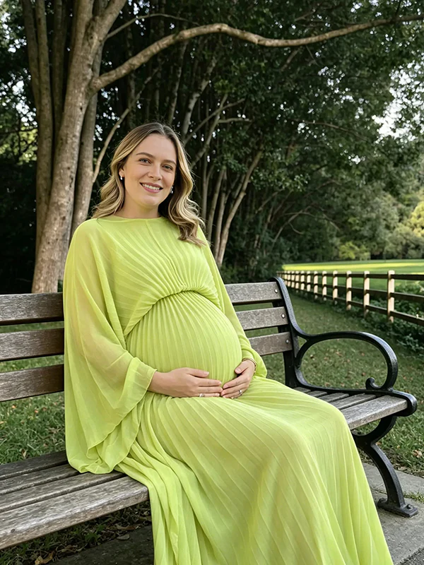 Light Green Pleated Batwing Sleeve Backless Lace Up Maternity Maxi Dress