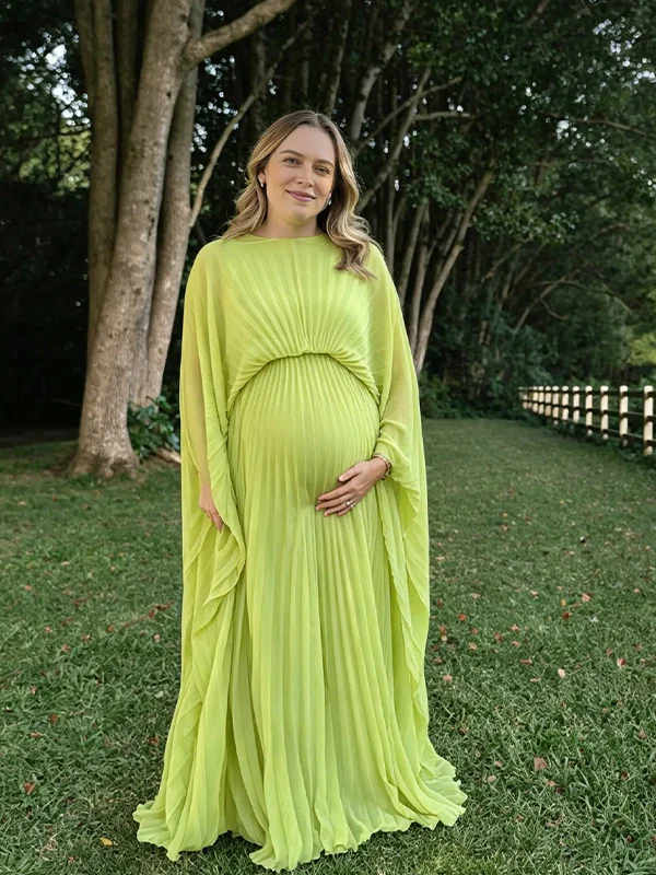 Light Green Pleated Batwing Sleeve Backless Lace Up Maternity Maxi Dress