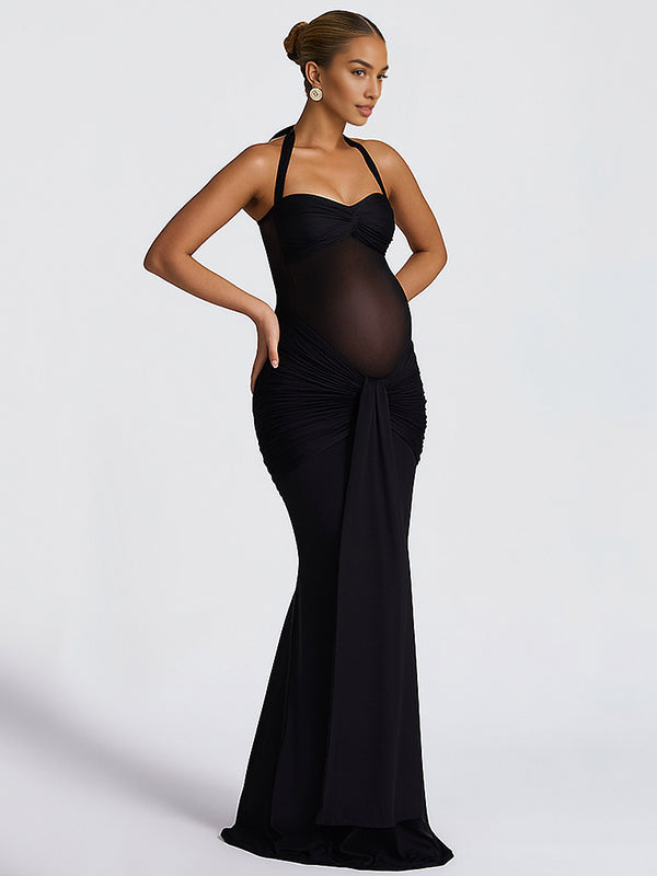 Momsmood Mesh Ruched Draped Halter Neck Backless Maternity Maxi Dress