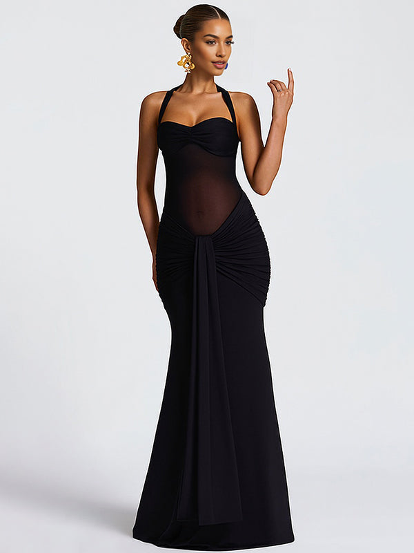 Momsmood Mesh Ruched Draped Halter Neck Backless Maternity Maxi Dress