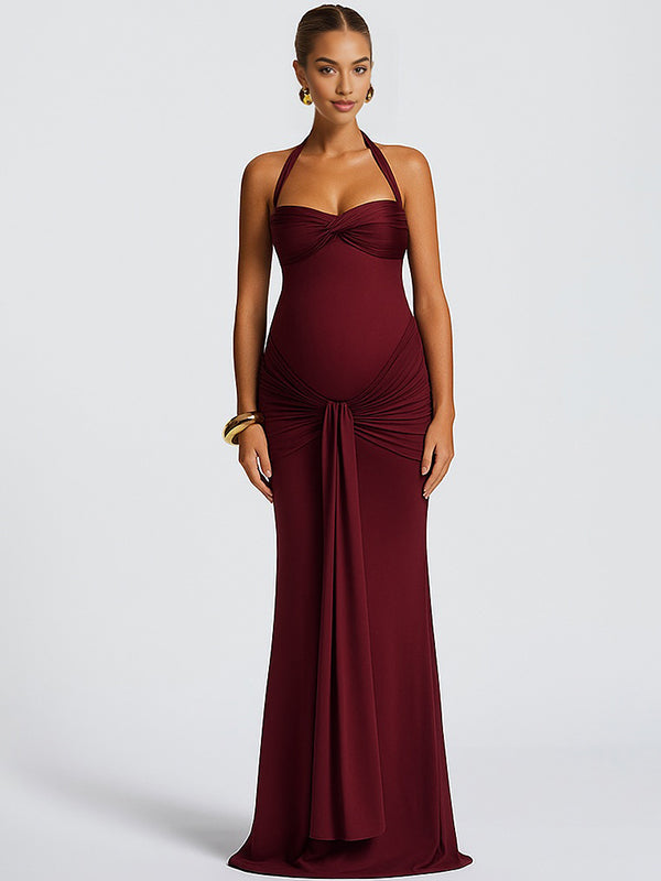 Momsmood Mesh Ruched Draped Halter Neck Backless Maternity Maxi Dress