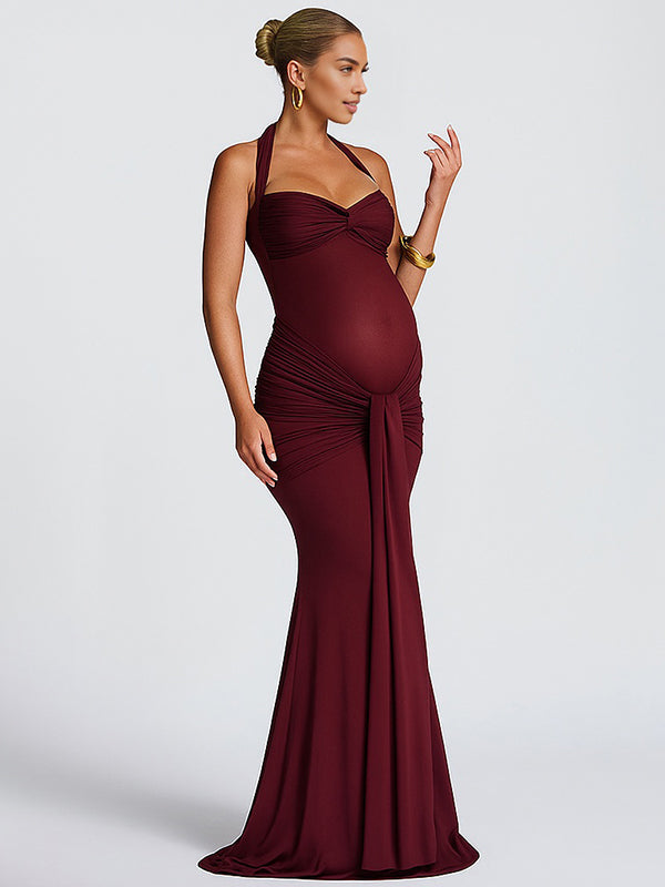 Momsmood Mesh Ruched Draped Halter Neck Backless Maternity Maxi Dress