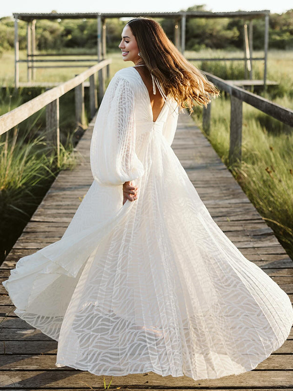 Momsmood Cream White Ruched Backless Big Swing Lantern Sleeve Boho Maternity Maxi Dress