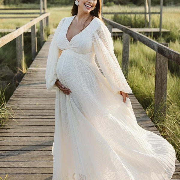 Momsmood Cream White Ruched Backless Big Swing Lantern Sleeve Boho Maternity Maxi Dress