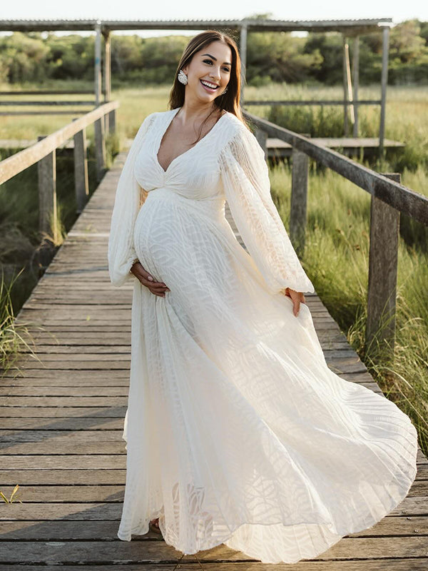 Momsmood Cream White Ruched Backless Big Swing Lantern Sleeve Boho Maternity Maxi Dress