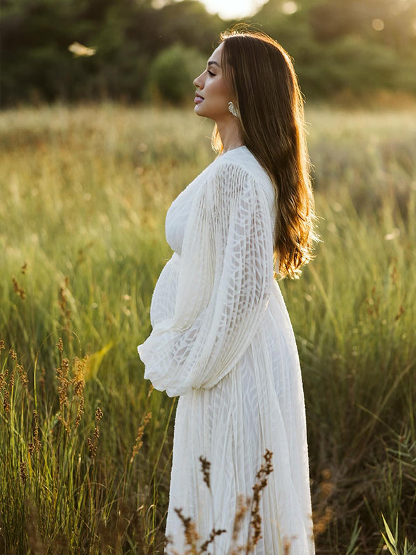 Momsmood Cream White Ruched Backless Big Swing Lantern Sleeve Boho Maternity Maxi Dress