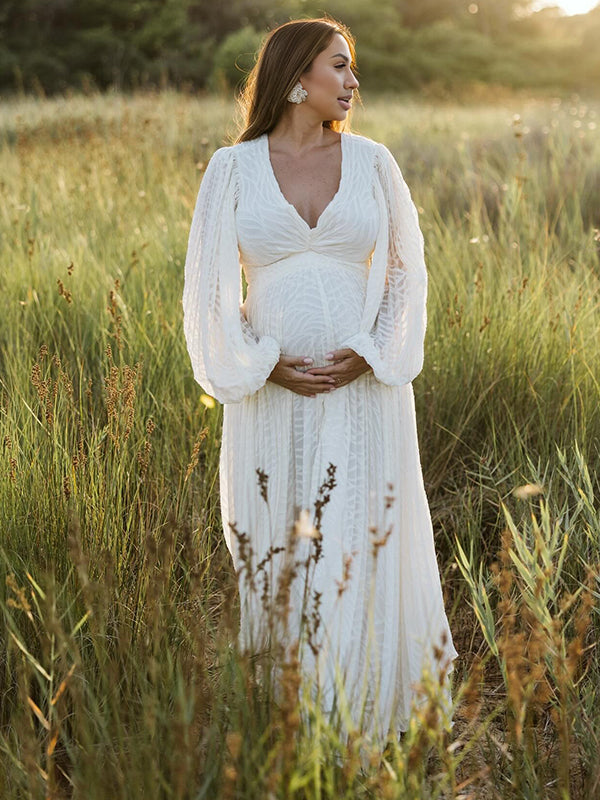 Momsmood Cream White Ruched Backless Big Swing Lantern Sleeve Boho Maternity Maxi Dress