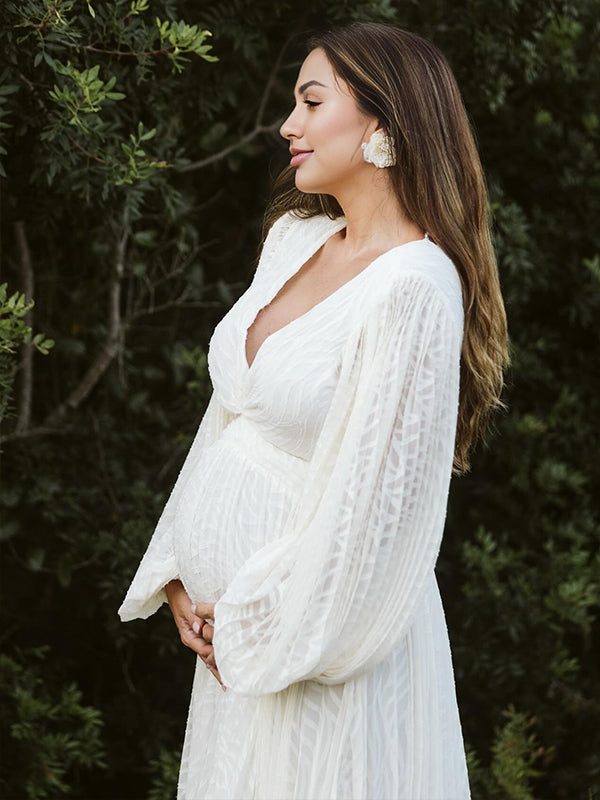 Momsmood Cream White Ruched Backless Big Swing Lantern Sleeve Boho Maternity Maxi Dress