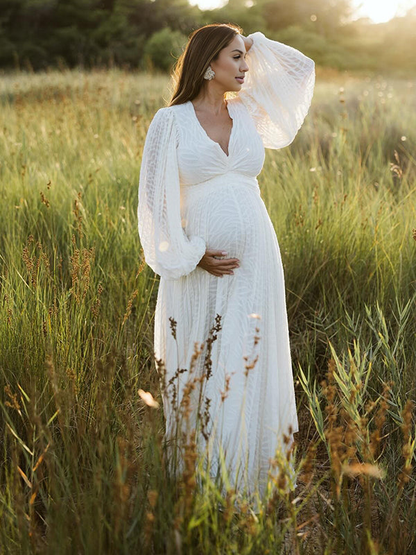 Momsmood Cream White Ruched Backless Big Swing Lantern Sleeve Boho Maternity Maxi Dress