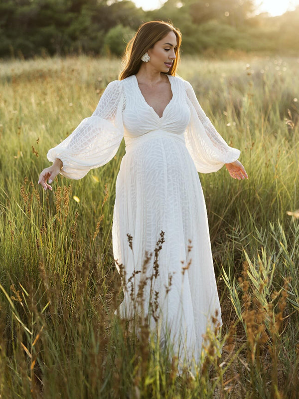 Momsmood Cream White Ruched Backless Big Swing Lantern Sleeve Boho Maternity Maxi Dress