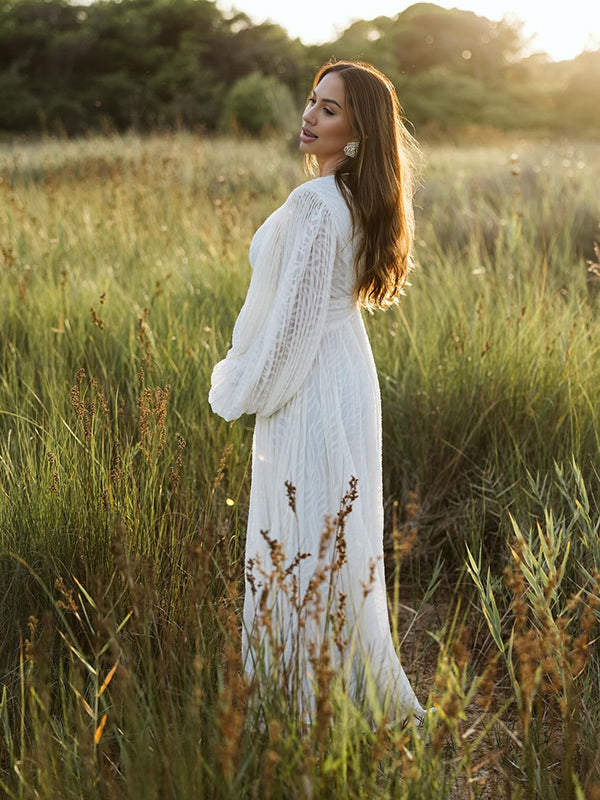 Momsmood Cream White Ruched Backless Big Swing Lantern Sleeve Boho Maternity Maxi Dress