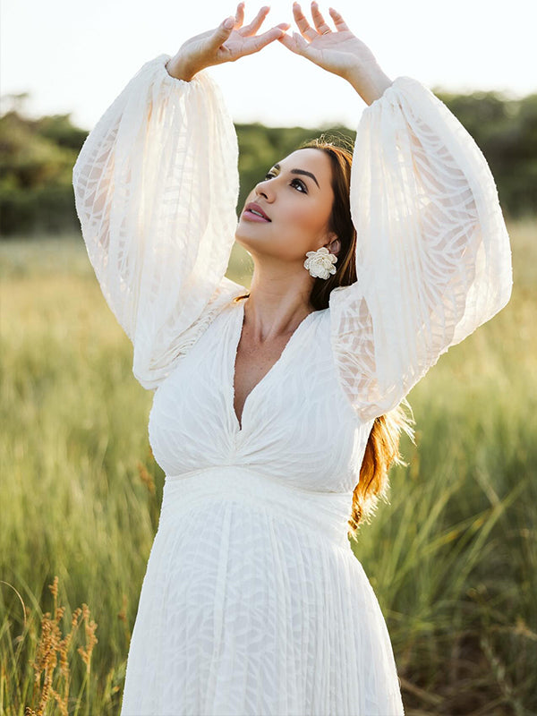 Momsmood Cream White Ruched Backless Big Swing Lantern Sleeve Boho Maternity Maxi Dress